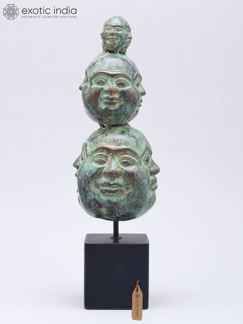 11" Triple-Stacked Twelve Faces of Laughing Buddha | Brass Statue on Wood Base