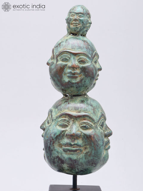 11" Triple-Stacked Twelve Faces of Laughing Buddha | Brass Statue on Wood Base