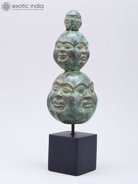 11" Triple-Stacked Twelve Faces of Laughing Buddha | Brass Statue on Wood Base