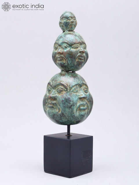11" Triple-Stacked Twelve Faces of Laughing Buddha | Brass Statue on Wood Base