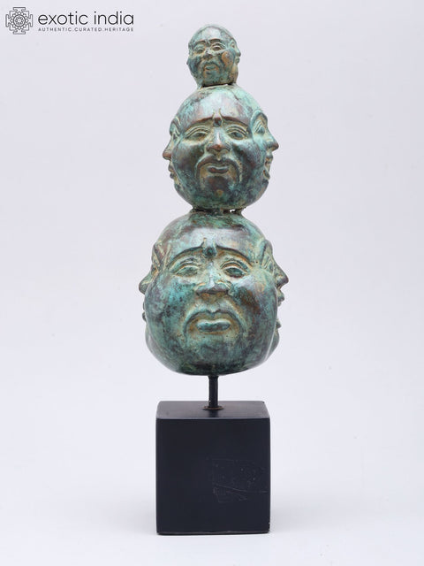 11" Triple-Stacked Twelve Faces of Laughing Buddha | Brass Statue on Wood Base