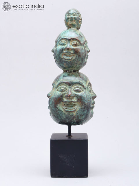 11" Triple-Stacked Twelve Faces of Laughing Buddha | Brass Statue on Wood Base