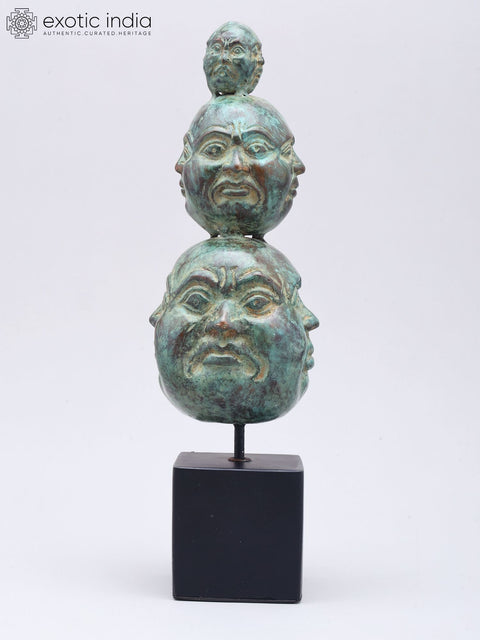 11" Triple-Stacked Twelve Faces of Laughing Buddha | Brass Statue on Wood Base