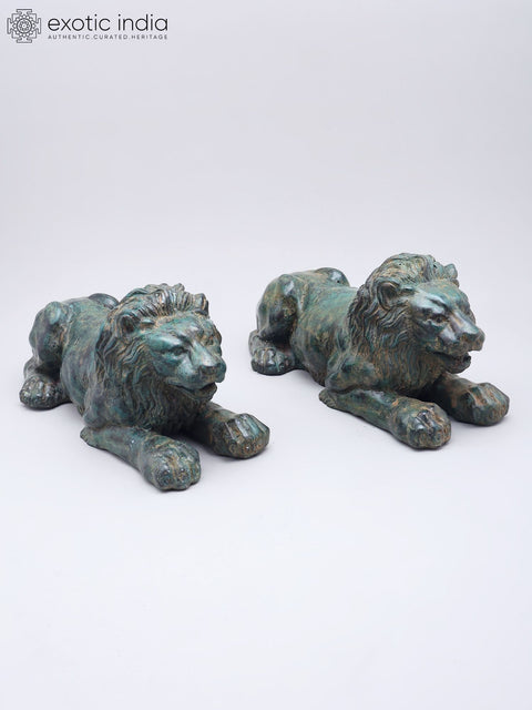 14" Brass Pair of Lion Statues | Table Decor