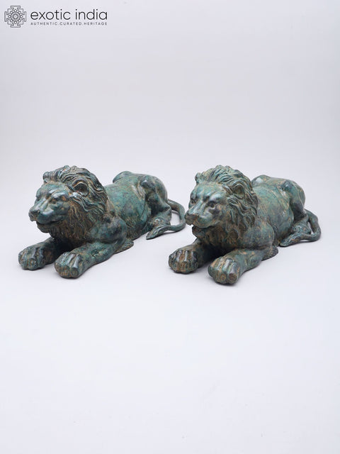 14" Brass Pair of Lion Statues | Table Decor