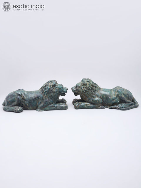 14" Brass Pair of Lion Statues | Table Decor