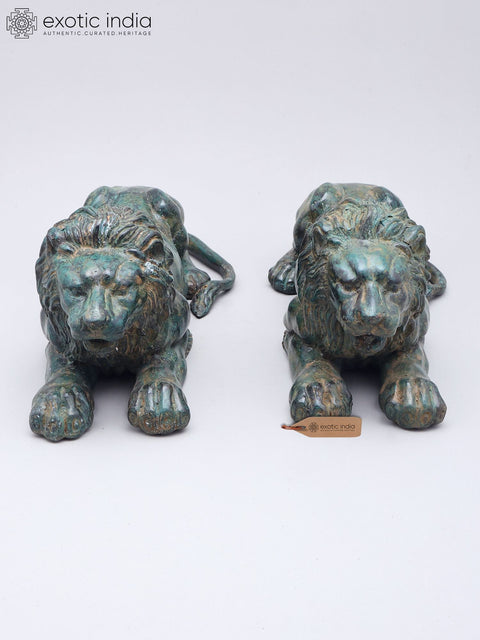 14" Brass Pair of Lion Statues | Table Decor