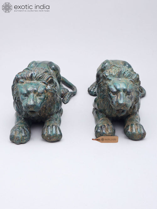 14" Brass Lion Pair Statues for Home Decor