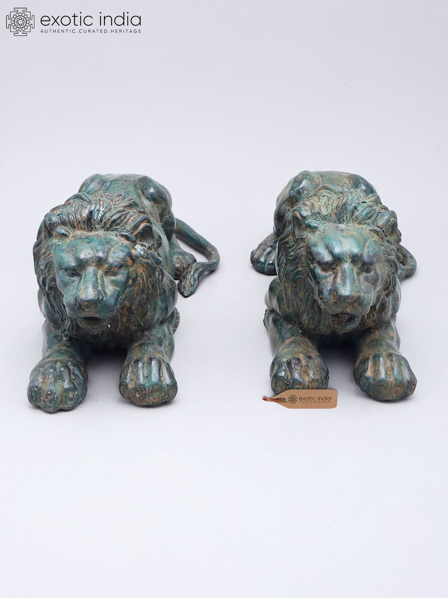 14" Brass Lion Pair Statues for Home Decor