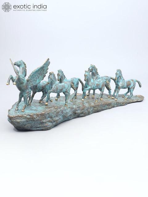 36" Large Brass Seven Running Horses | Home Decor Statue