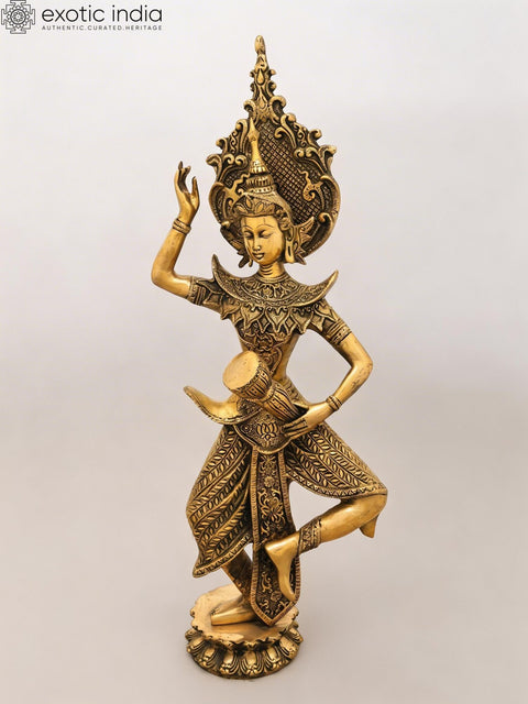 22" Graceful Dancing Apsara with Drum - Handcrafted Buddhist Brass Statue