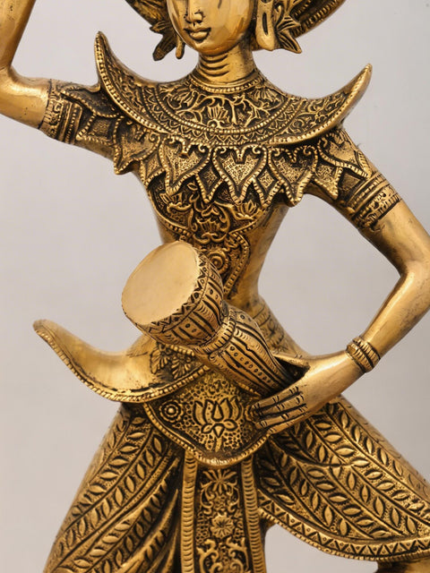 22" Graceful Dancing Apsara with Drum - Handcrafted Buddhist Brass Statue
