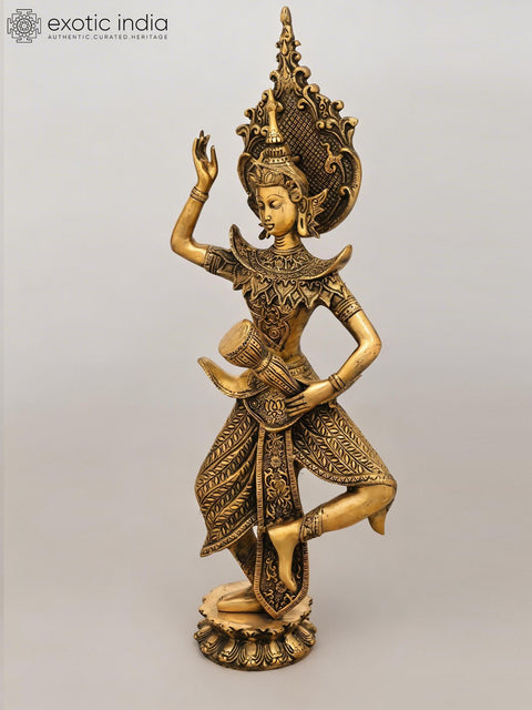 22" Graceful Dancing Apsara with Drum - Handcrafted Buddhist Brass Statue