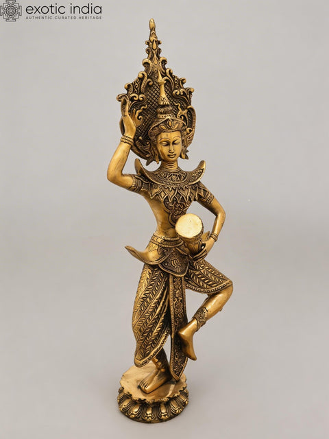 22" Graceful Dancing Apsara with Drum - Handcrafted Buddhist Brass Statue