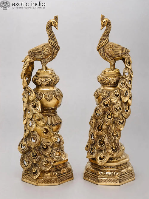 20" Elegant Brass Peacock Pair Home Decor Statues