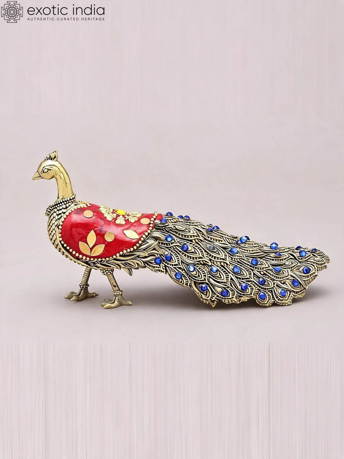 6'' Designer Brass Peacock Figurine with Inlay Work | Table Decor Statue