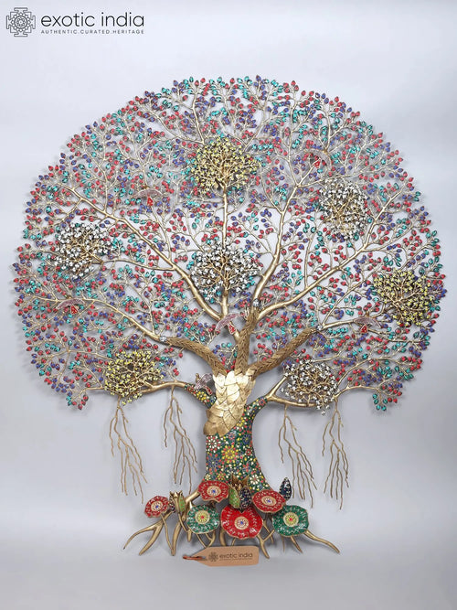 76" Brass Tree of Life Wall Hanging with Colorful Inlay Work