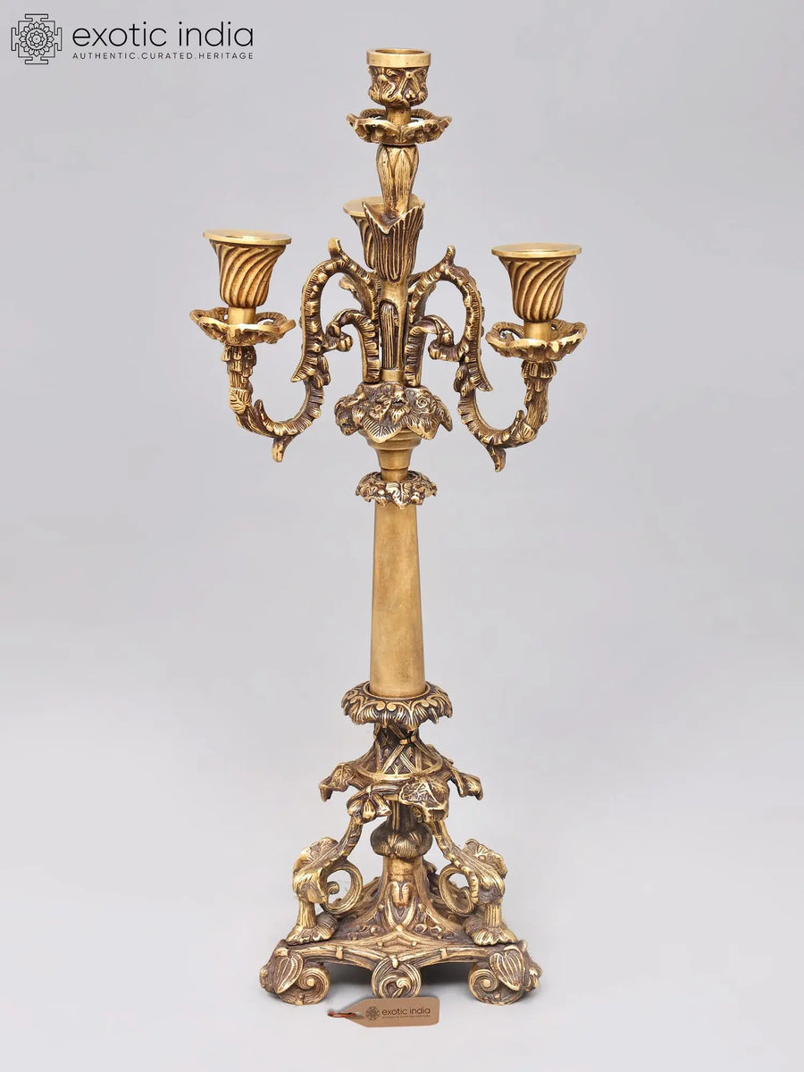 21" Brass Candelabra Statue with Three Candle Holders for Home Decor