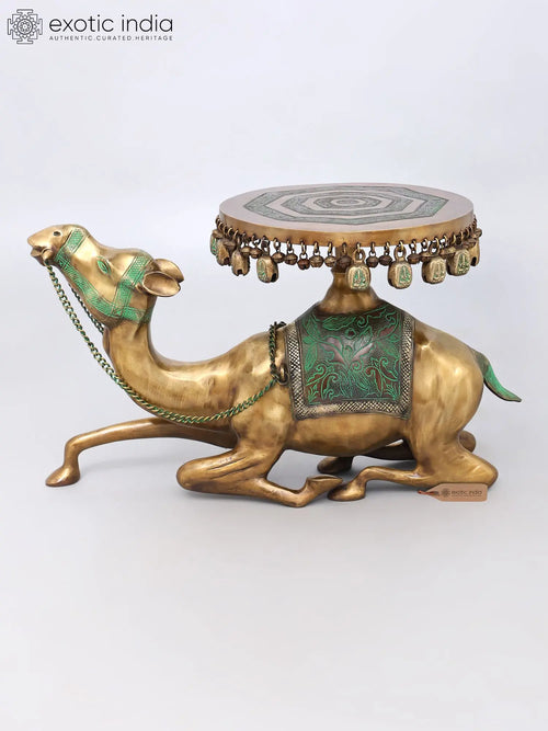 27" Brass Camel Statue with Pedestal for Home Decor