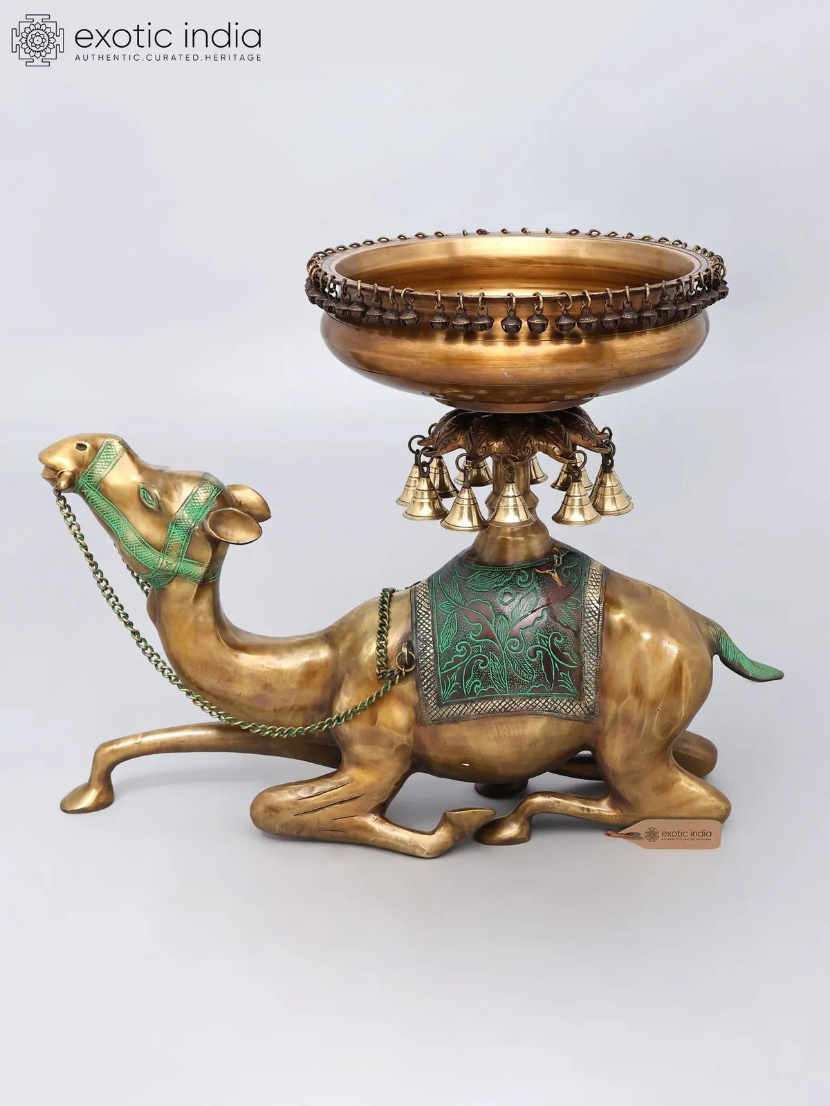 28" Designer Brass Camel Urli with Bells | Home Decor