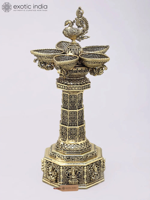 Superfine Brass Peacock Lamp with Ashtalakshmi Carvings for Home Decor