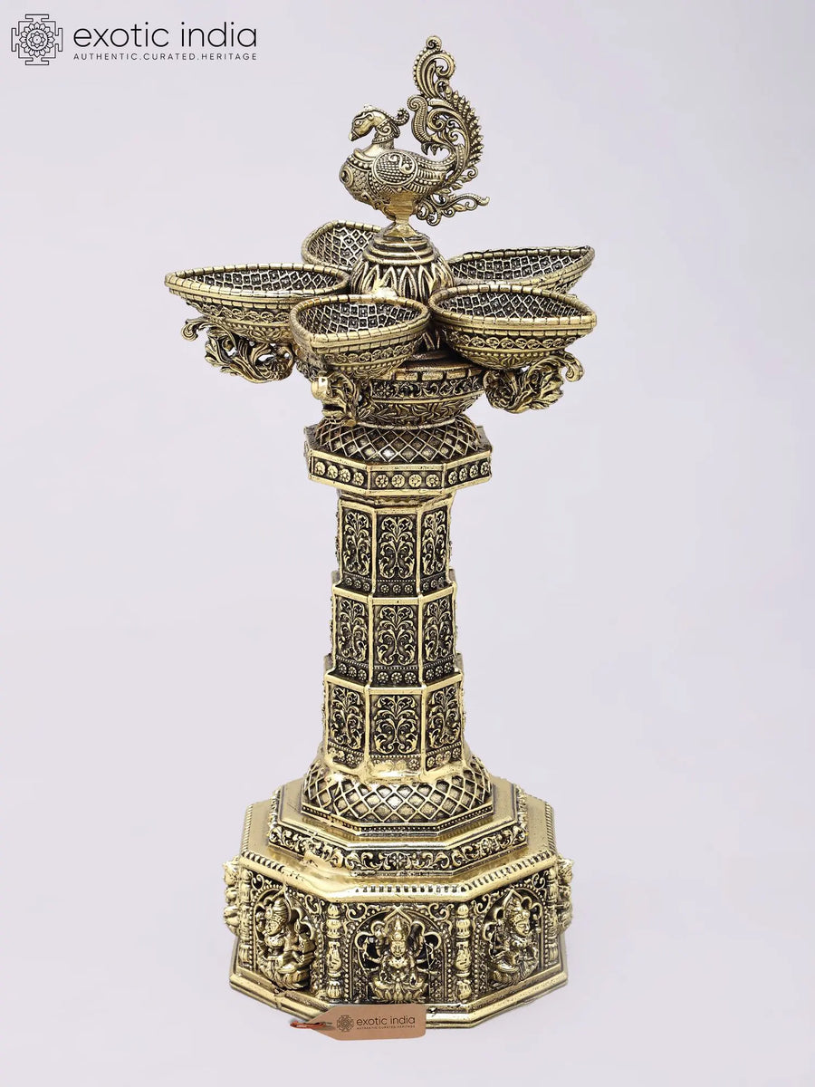 Superfine Brass Peacock Lamp with Ashtalakshmi Carvings for Home Decor