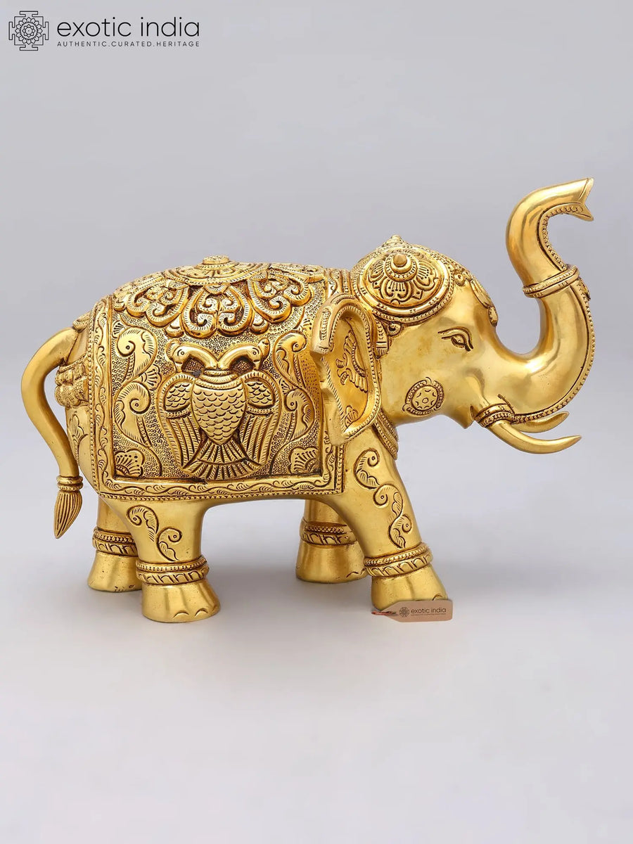 11" Brass Elephant Statue with Peacock Carvings for Home Decor