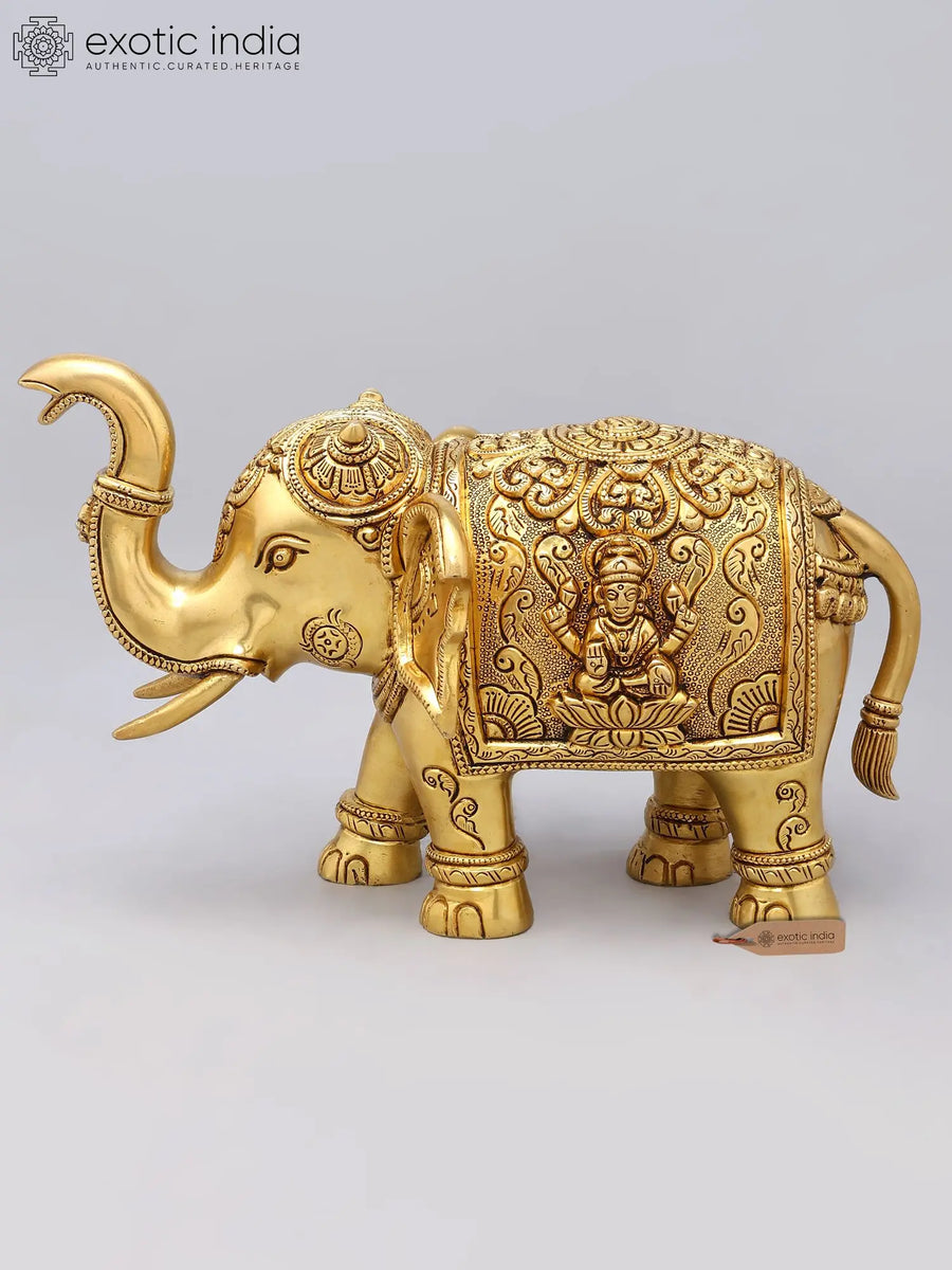 10" Brass Elephant Statue with Lakshmi-Ganesha Carvings for Home Decor