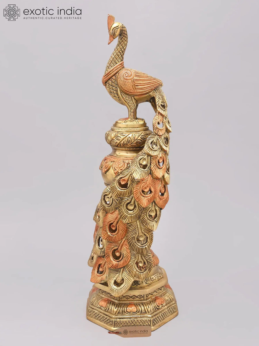 20" Brass Peacock Statue with Long Tail - Handmade Home Decor