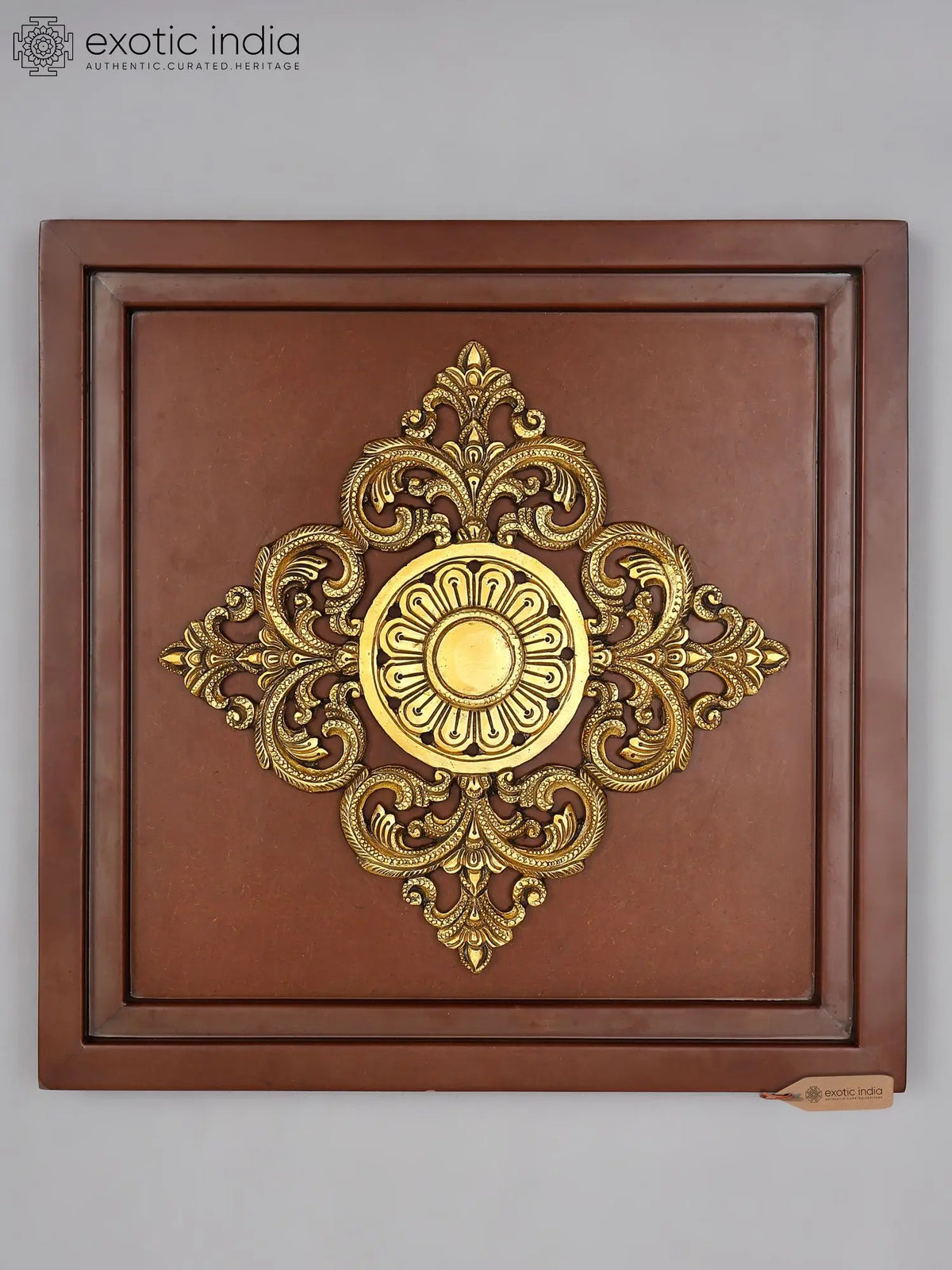 Handcrafted Brass Floral Medallion in Wooden Frame | Wall Hanging | Home Decor