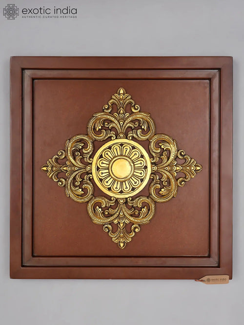 Handcrafted Brass Floral Medallion Wall Hanging With Wooden Frame