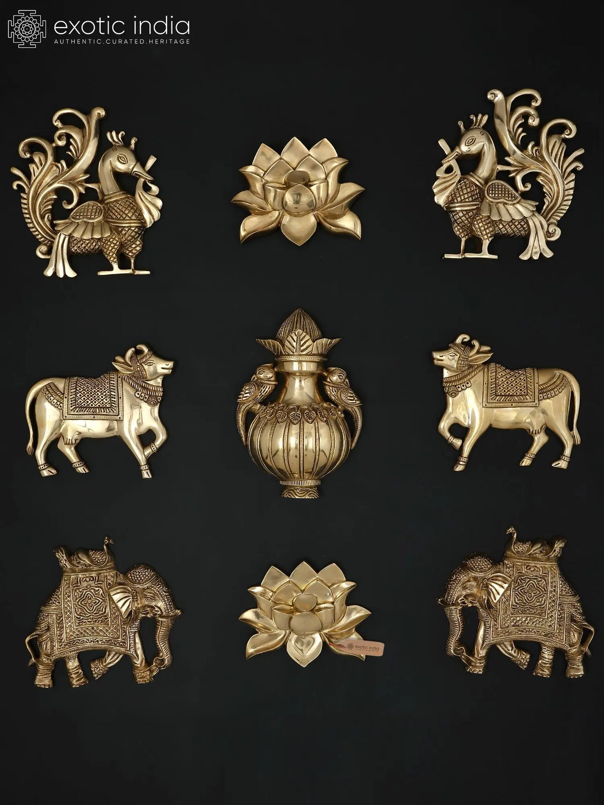 Traditional Indian Brass Wall Art Set with Peacock, Lotus, Elephant, Cow and Kalash Motifs
