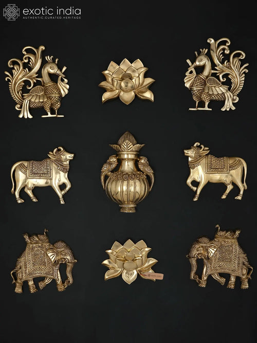 Traditional Brass Wall Art Set with Peacock Lotus Elephant Cow Kalash
