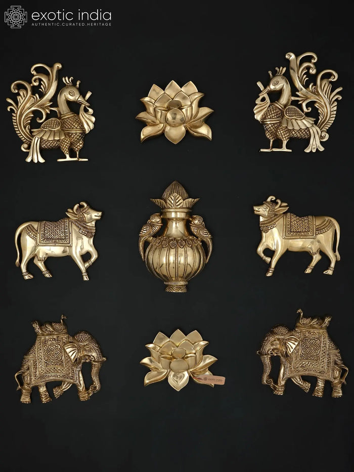 Traditional Indian Brass Wall Art Set with Peacock, Lotus, Elephant, Cow and Kalash Motifs