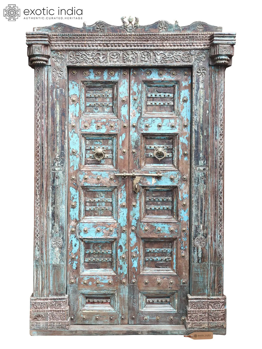 100" Large Vintage Indian Wooden Door with Frame