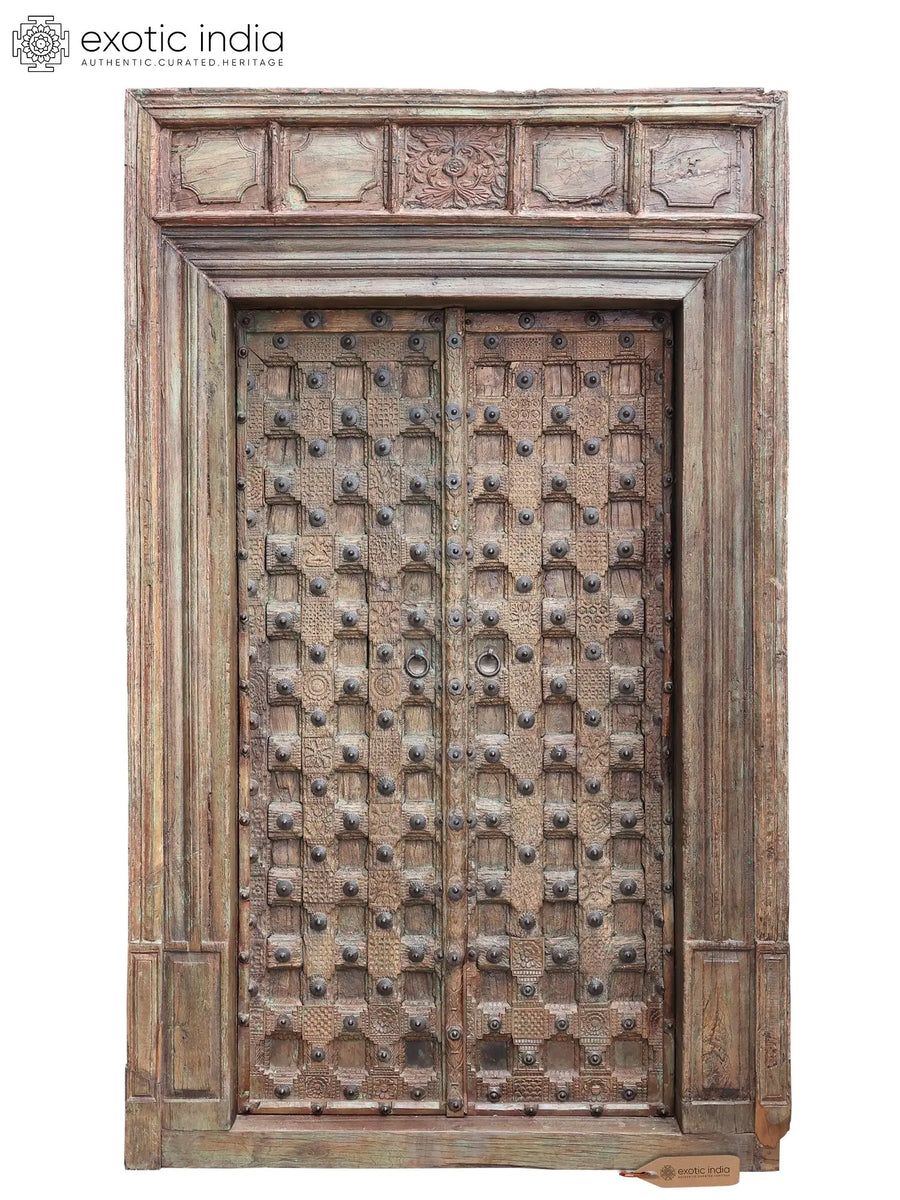 104" Large Vintage Rajasthani Wooden Entrance Door with Frame
