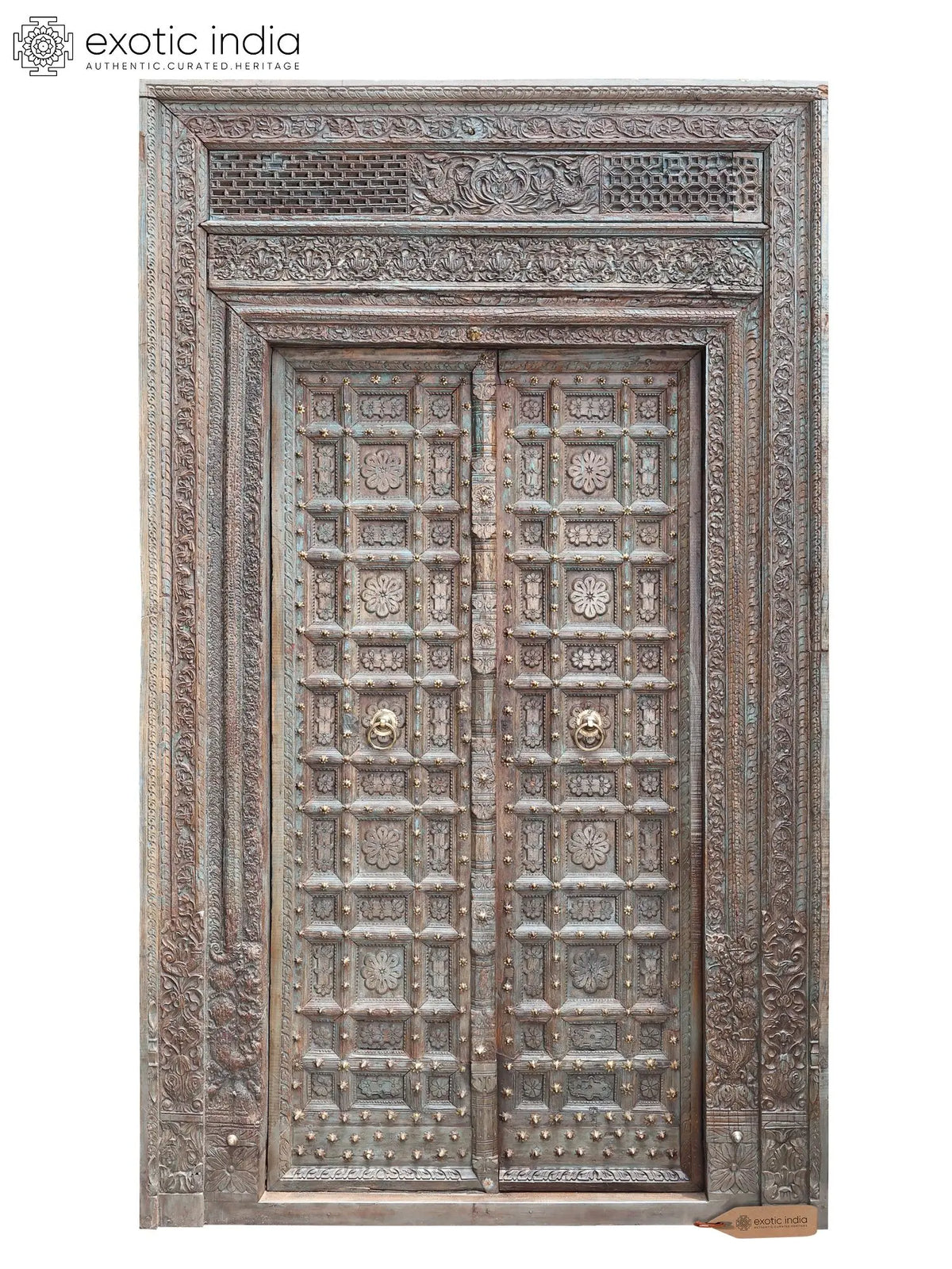 108" Large Hand-Carved Vintage Indian Door with Brass Work | Shipped by Sea Overseas