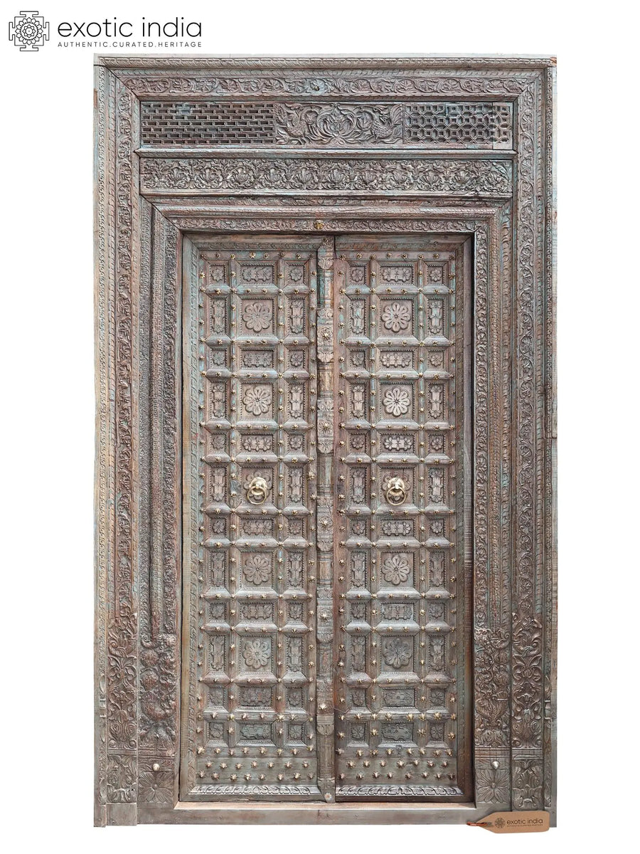 108" Large Hand-Carved Vintage Indian Brass Door Sculpture