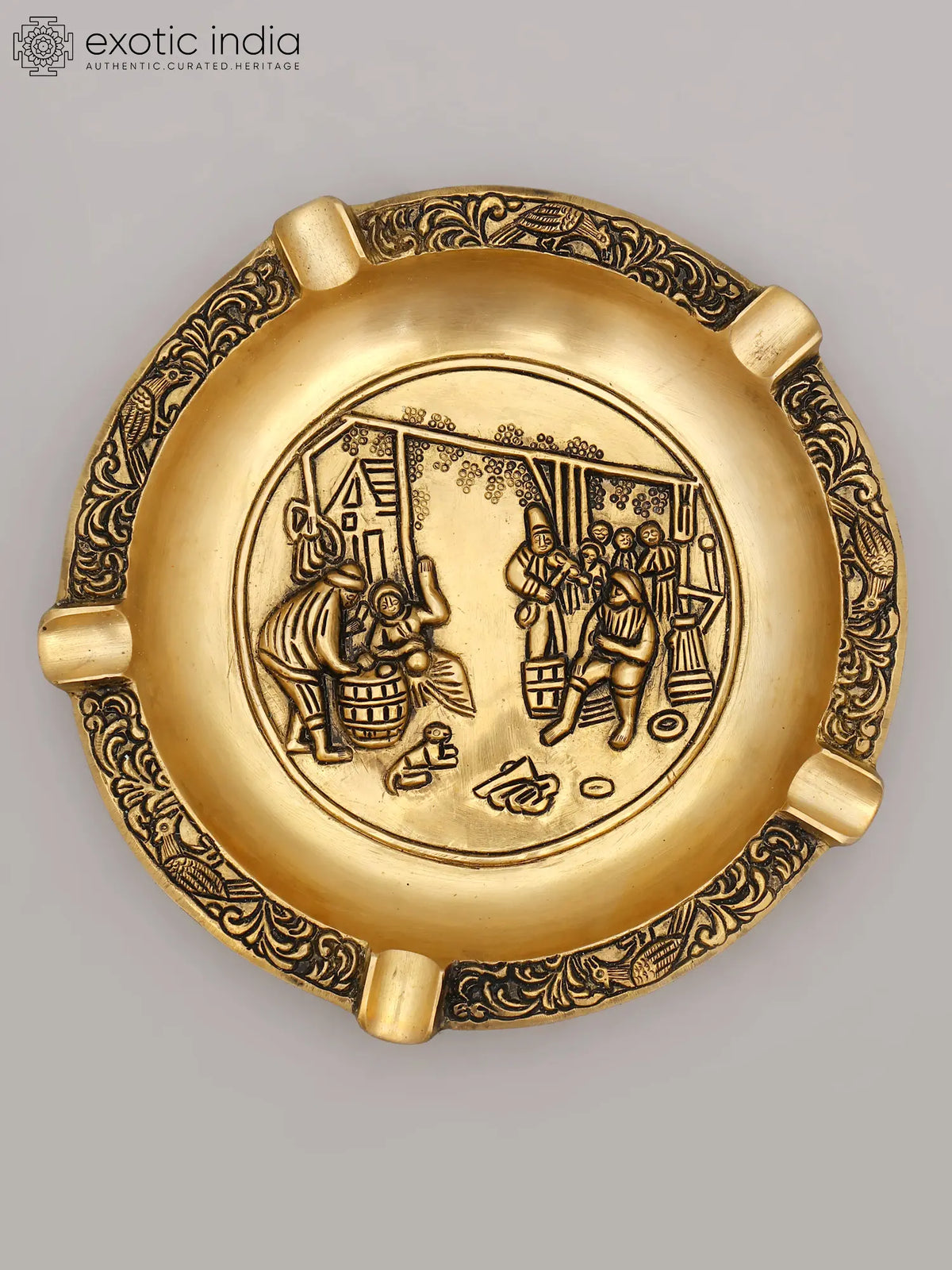 7'' Collectible Brass Ashtray with Hand-Etched Scene | Table Decor