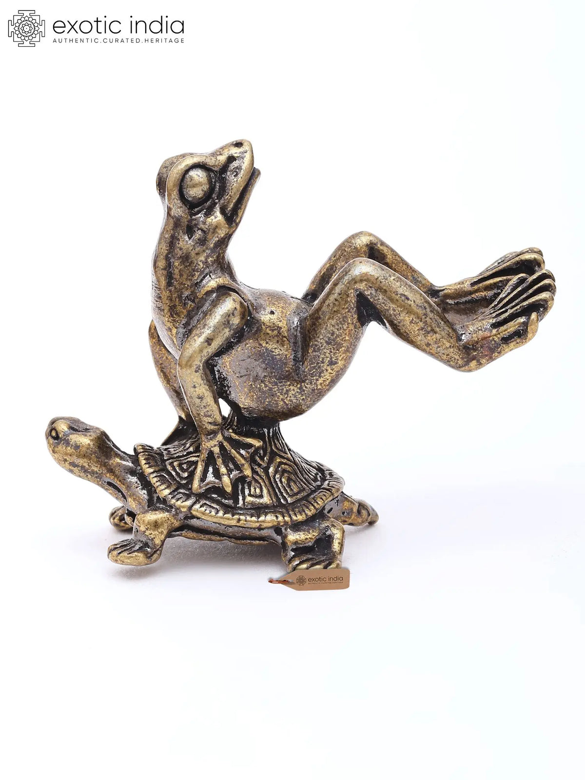 1" Miniature Frog Riding Turtle | Decorative Brass Figurine