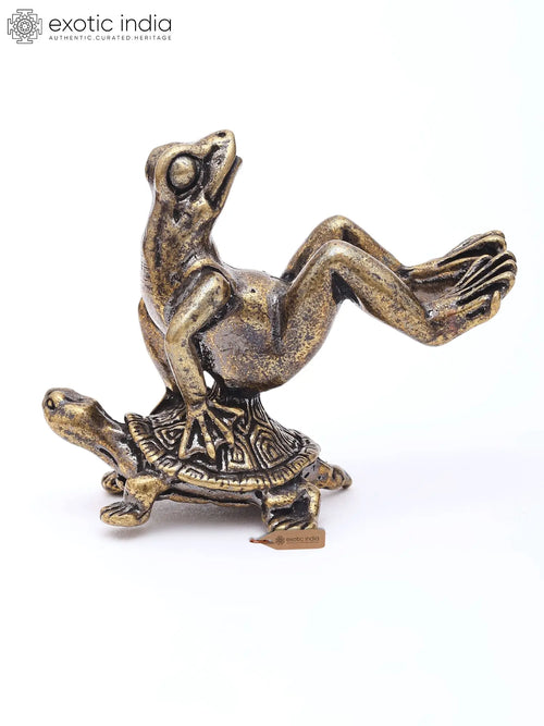 1" Miniature Frog Riding Turtle Brass Statue