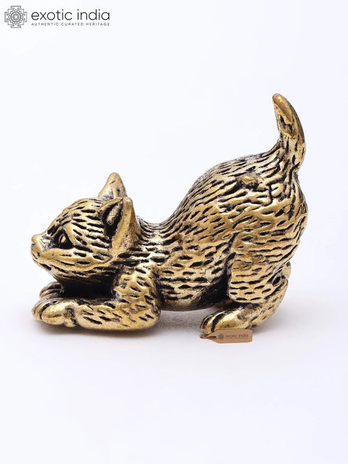 1" Small Playful Cat Brass Figurine for Home Decor