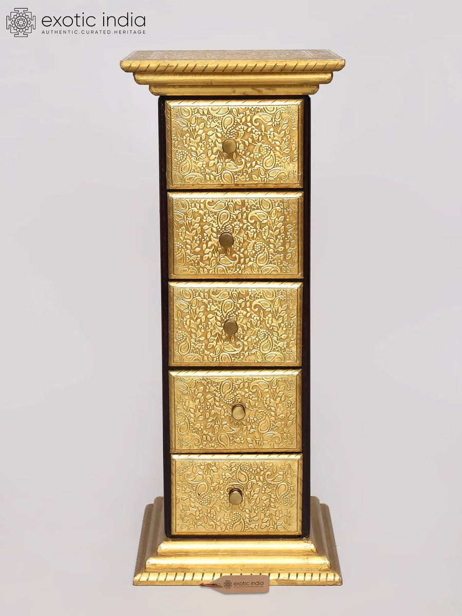 28" Handcrafted Brass Embossed Wood Storage Chest with 5 Drawers