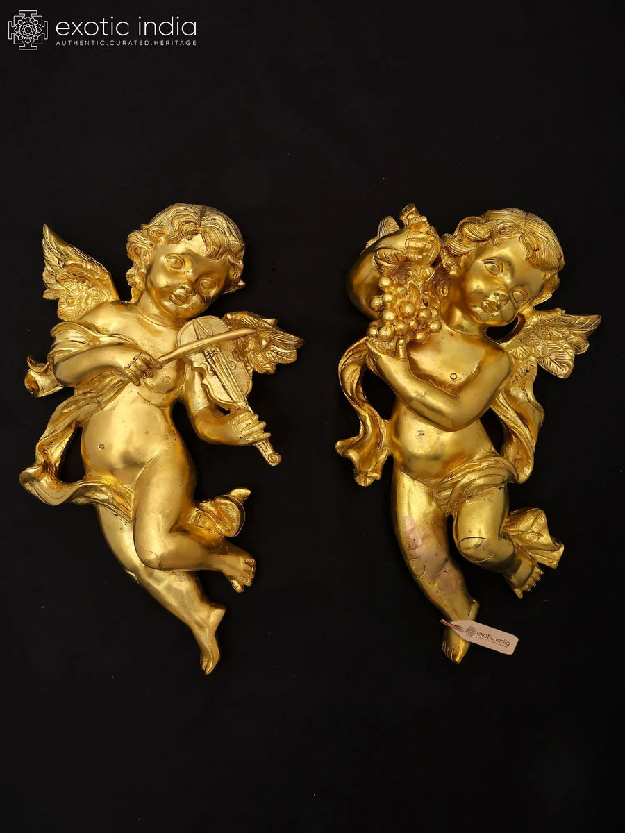 12" Brass Cherub Angels Wall Hanging Sculpture Pair for Home Decor