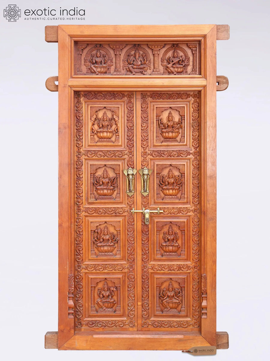 96" Ashtalakshmi Carved Wooden Door with Brass Latch