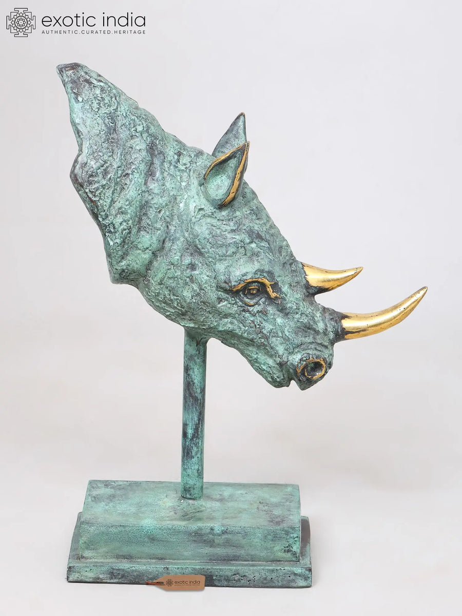 14" Brass Rhinoceros Head Statue with Stand for Home Decor