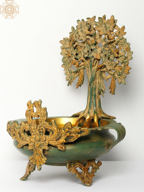 15" Bodhi Tree Design Urli | Decorative Brass Bowl | Housewarming Gift