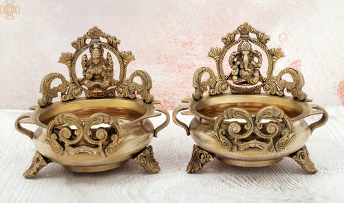 Brass Ganesha Lakshmi Urli Pair for Pooja