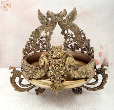 15" Elegant Peacock Brass Urli | Decorative Bowl | Handmade Accent Decor