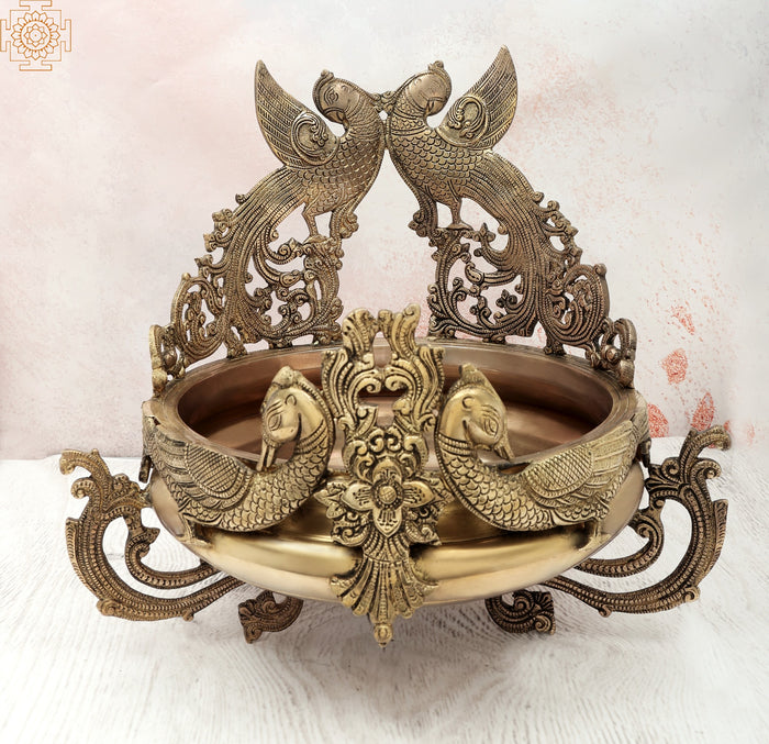 15" Elegant Peacock Brass Urli Bowl Handmade Home Decor